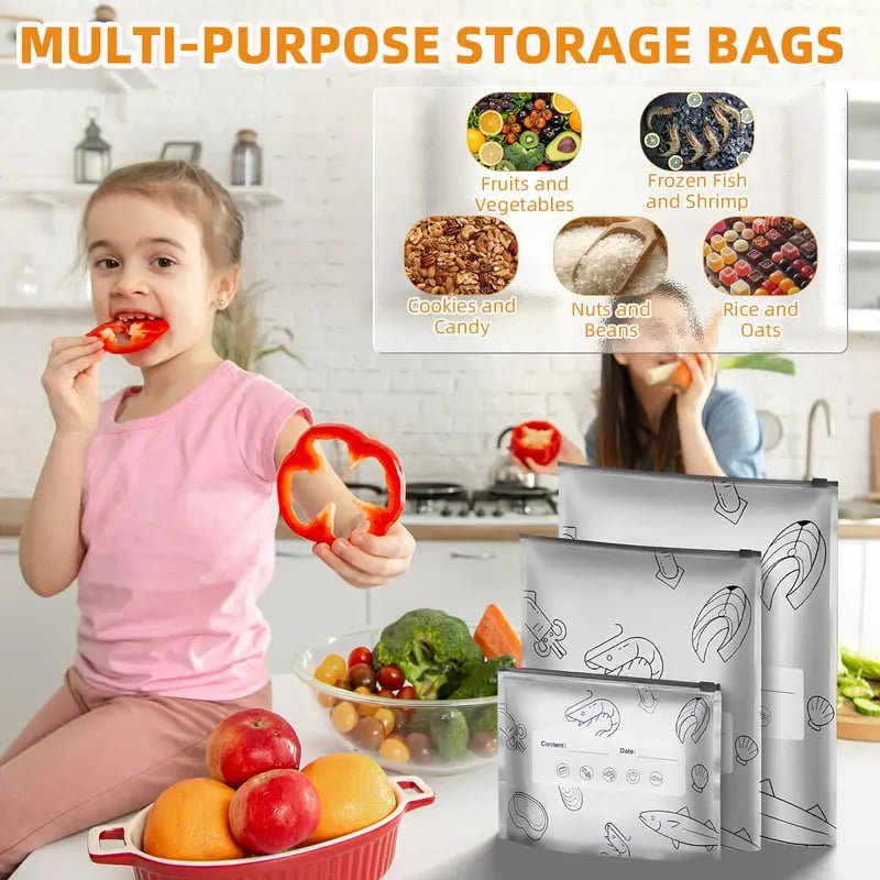 (10pcs)Reusable Aluminum Foil Sealable Storage Bags, 2025 New Resealable Vacuum Zipper Pouches for Food, Stand Up Foil Sealable Bags with Label and Zip Lock for Vegetable Fruit Meat