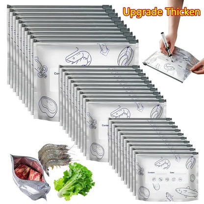 (10pcs)Reusable Aluminum Foil Sealable Storage Bags, 2025 New Resealable Vacuum Zipper Pouches for Food, Stand Up Foil Sealable Bags with Label and Zip Lock for Vegetable Fruit Meat