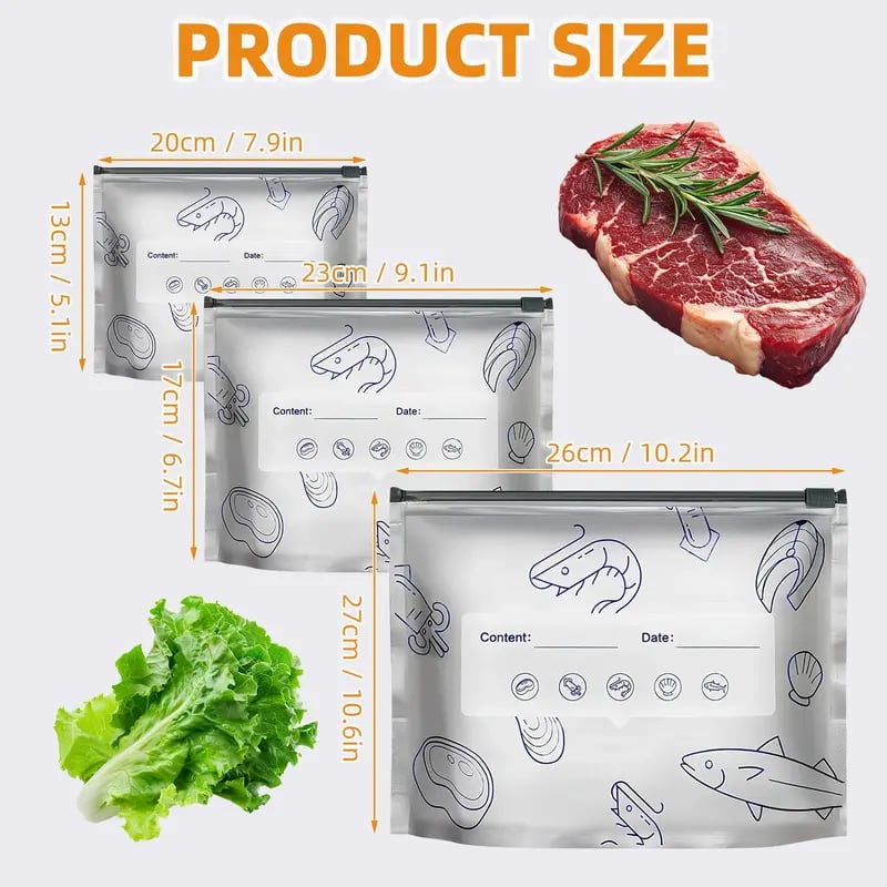 (10pcs)Reusable Aluminum Foil Sealable Storage Bags, 2025 New Resealable Vacuum Zipper Pouches for Food, Stand Up Foil Sealable Bags with Label and Zip Lock for Vegetable Fruit Meat